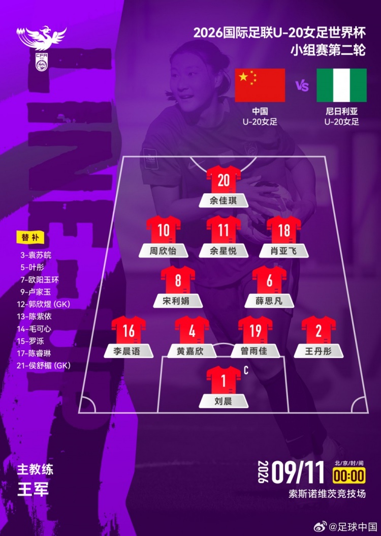 中国U20女足vs尼日利亚U20女足首发：黄嘉欣、周欣怡先发出战